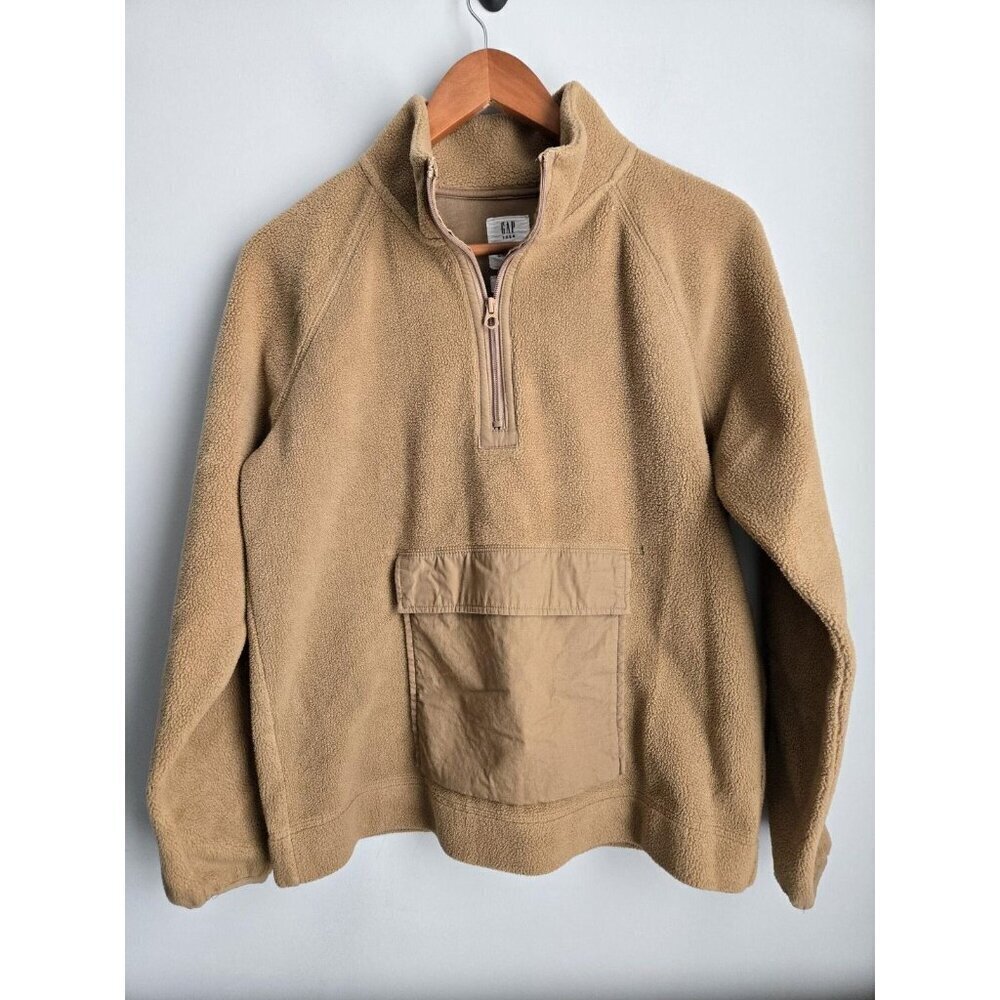 Gap Teen Hooded Sherpa Jacket 16-18 Tan Pocket Pullover Quarter Zip - Picture 1 of 3
